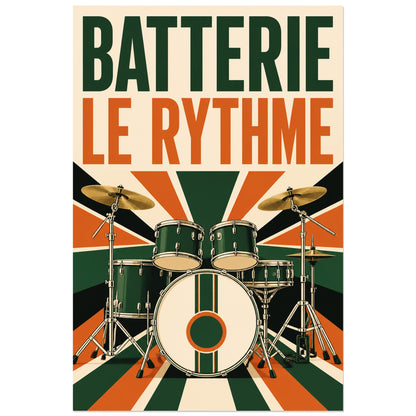 Affiche Batterie - Le rythme, affiche de batterie retro geometrique verticale, format 30 × 45 cm