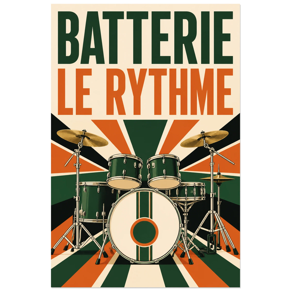 Affiche Batterie - Le rythme, affiche de batterie retro geometrique verticale, format 60 × 90 cm