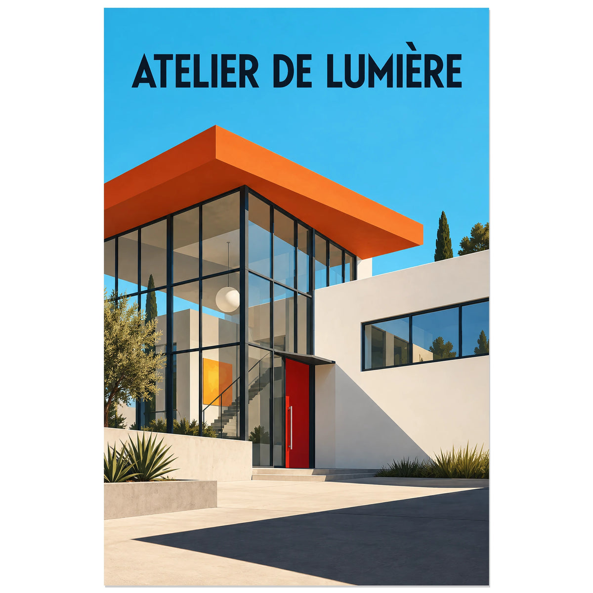 Affiche Bauhaus architecture - Atelier de lumière, illustration architecturale réaliste / modernisme / affiche typographique verticale, format 30 × 45 cm