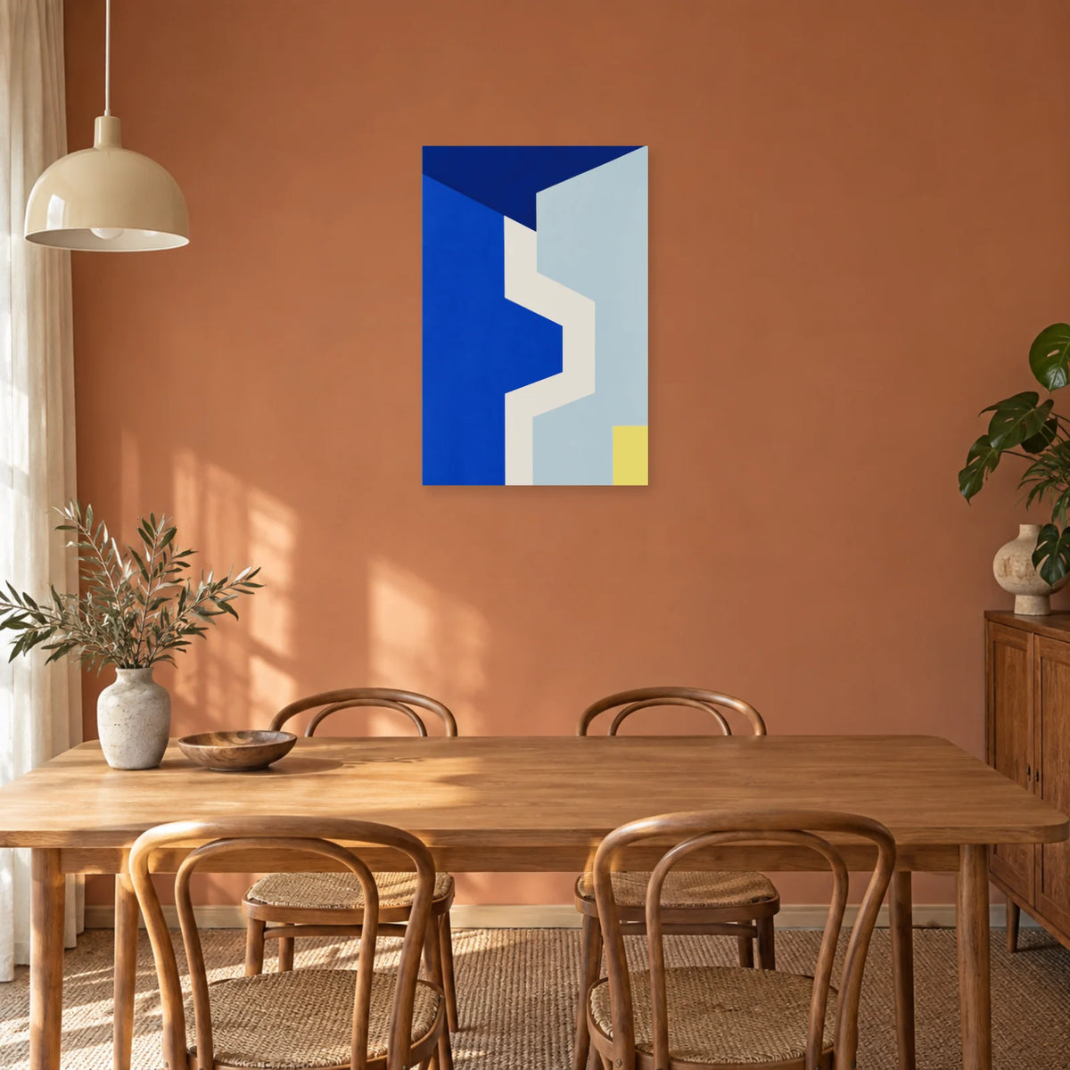 Affiche Bauhaus bleu - Contreformes entrelacées dans une salle à manger - Art Virtuoso