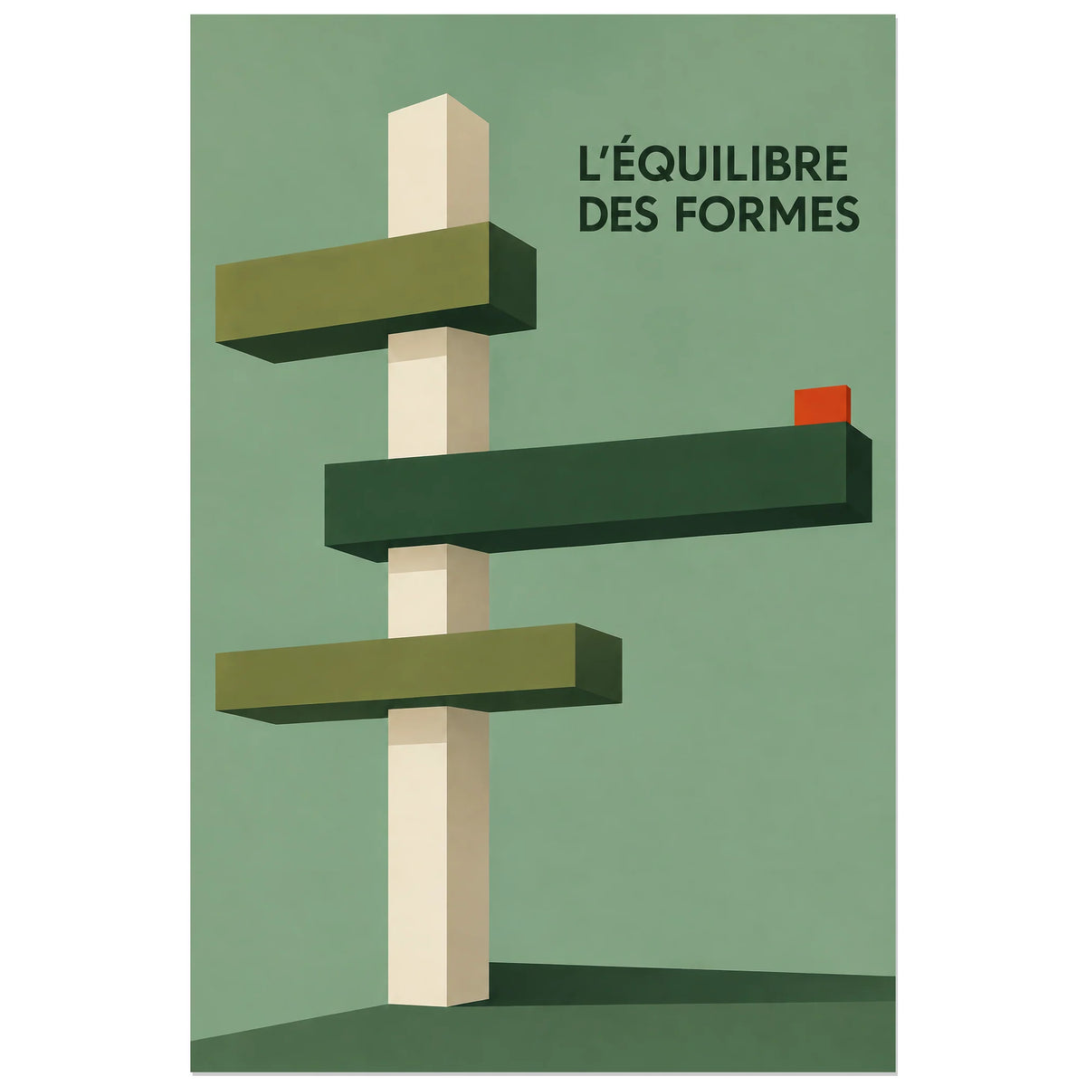 Affiche Bauhaus vert - Construction en porte-à-faux, géométrie architecturale / inspiration bauhaus / illustration volumétrique verticale, format 60 × 90 cm