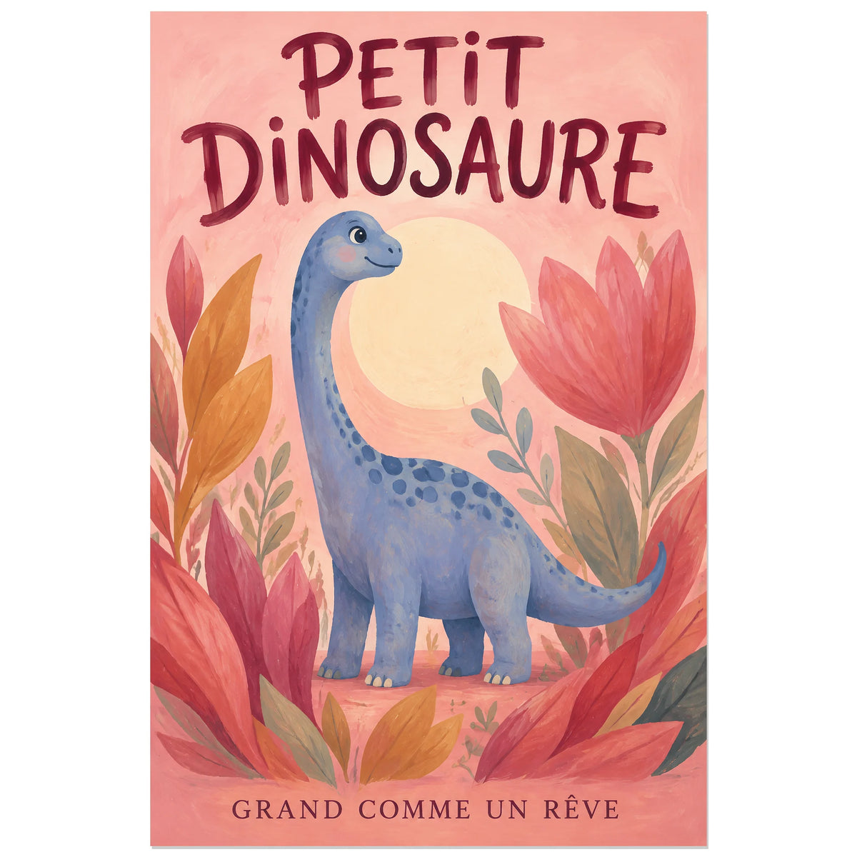 Affiche Petit dinosaure – Grand comme un rêve, gouache jeunesse / lettrage peint verticale, format 60 × 90 cm