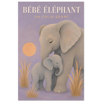 Affiche Bébé Éléphant – Un Câlin Géant, gouache contemporaine verticale, format 40 × 60 cm