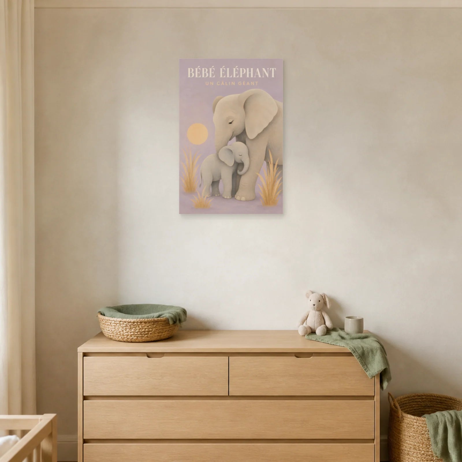 Affiche Bébé Éléphant – Un Câlin Géant dans un salon - Art Virtuoso