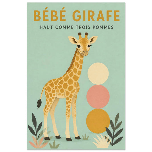Affiche Bébé Girafe – Haut Comme Trois Pommes, papier découpé et gouache verticale, format 30 × 45 cm