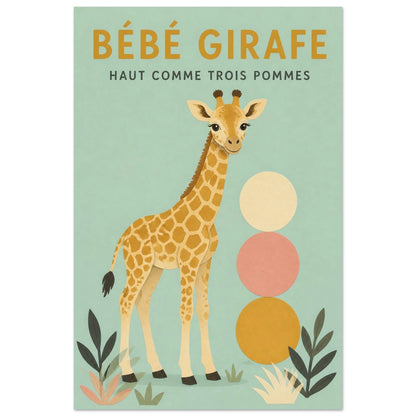 Affiche Bébé Girafe – Haut Comme Trois Pommes, papier découpé et gouache verticale, format 40 × 60 cm