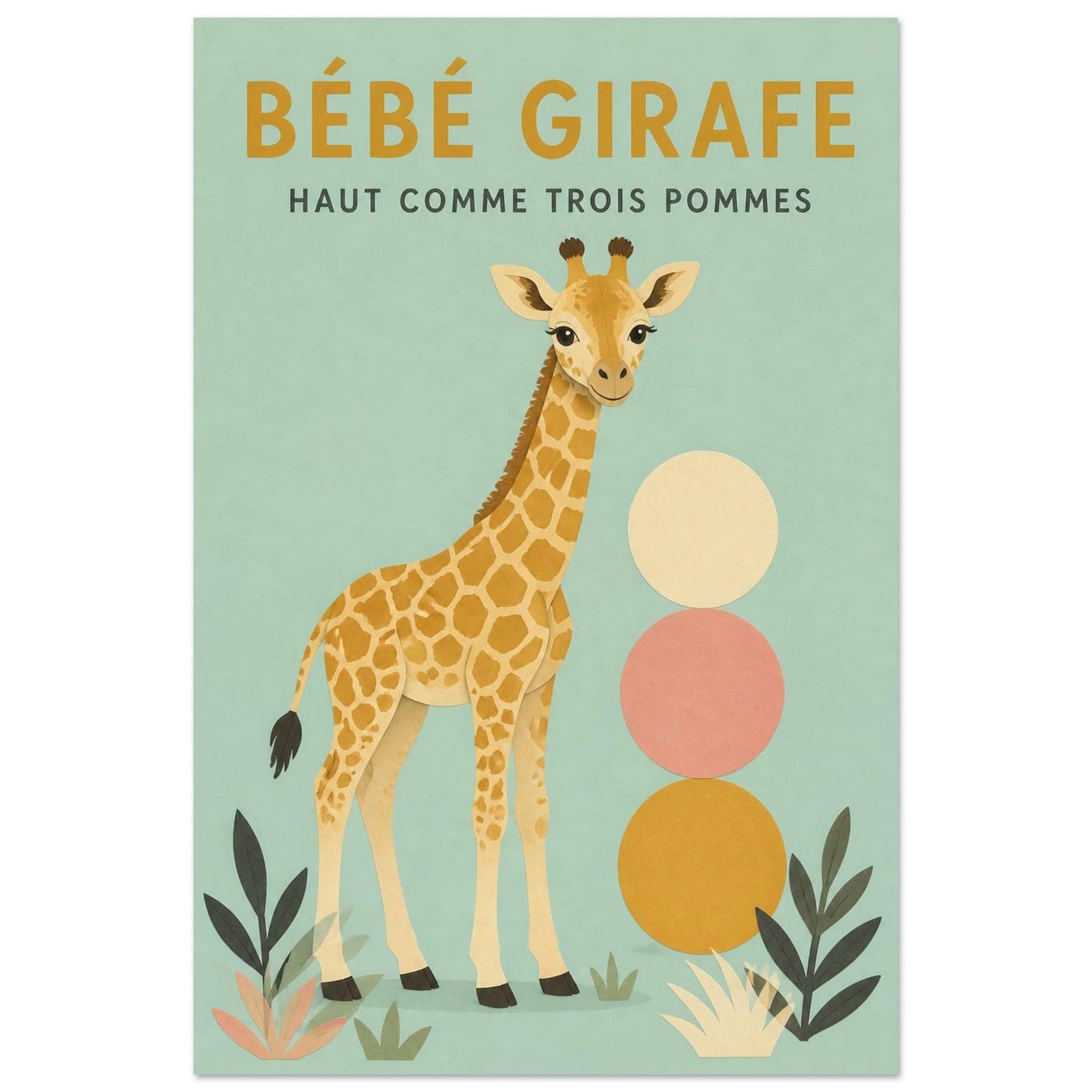 Affiche Bébé Girafe – Haut Comme Trois Pommes, papier découpé et gouache verticale, format 60 × 90 cm