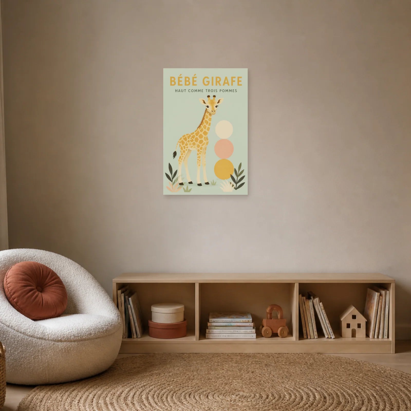 Affiche Bébé Girafe – Haut Comme Trois Pommes dans un bureau - Art Virtuoso