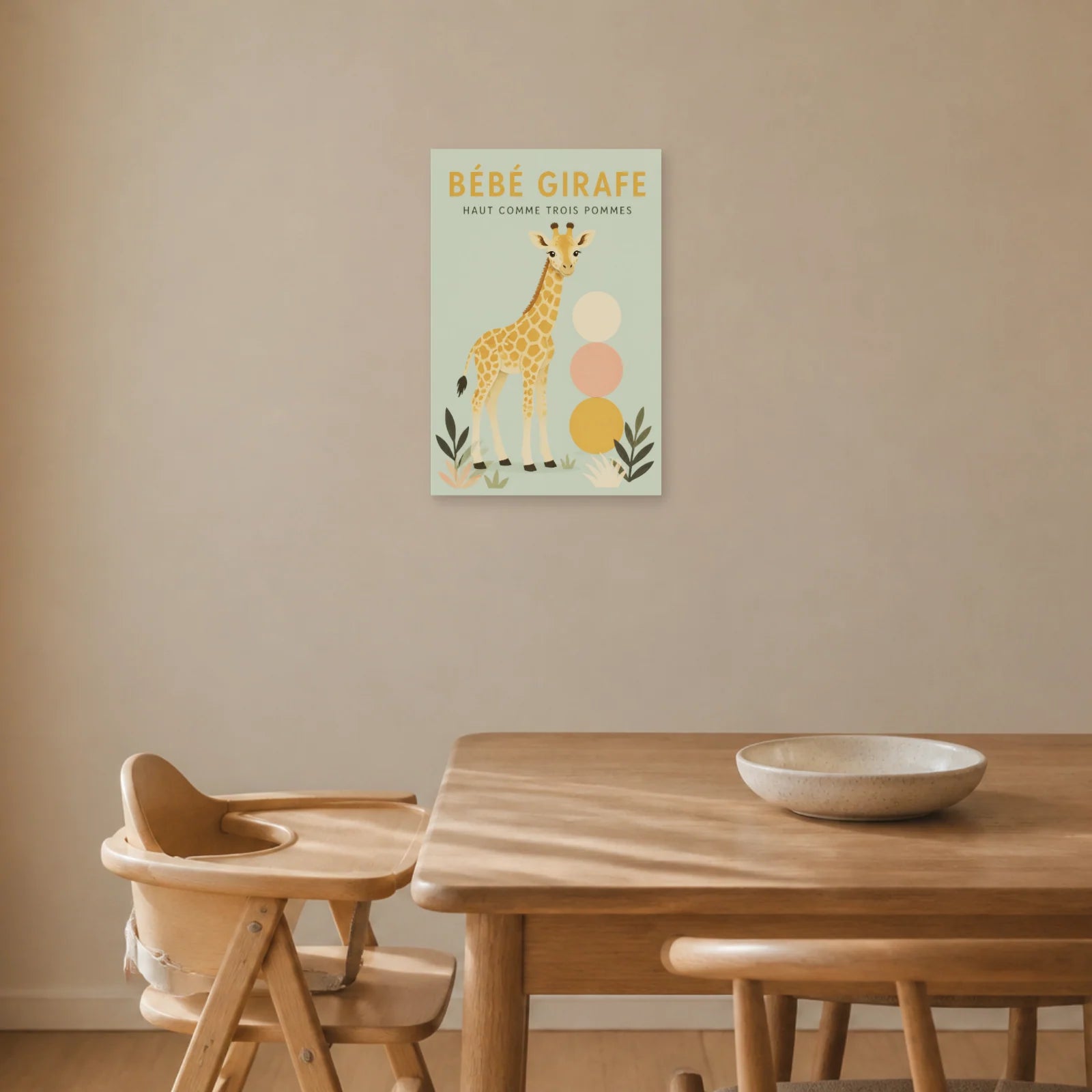 Affiche Bébé Girafe – Haut Comme Trois Pommes dans une salle à manger - Art Virtuoso