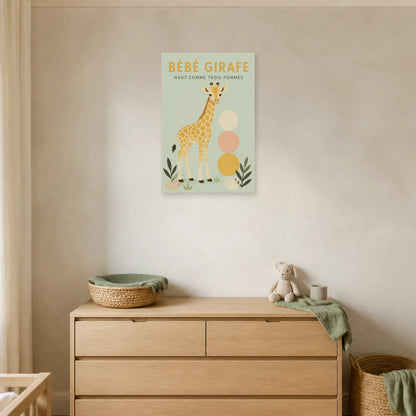 Affiche Bébé Girafe – Haut Comme Trois Pommes dans un salon - Art Virtuoso