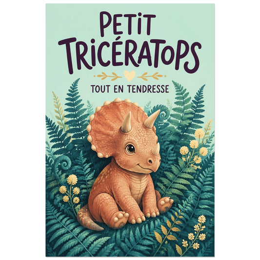 Affiche Petit tricératops – Tout en tendresse, illustration jeunesse / gouache verticale, format 30 × 45 cm
