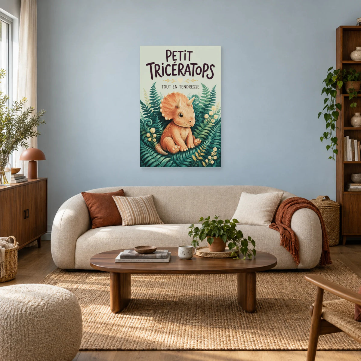 Affiche Petit tricératops - Tout en tendresse dans un salon - Art Virtuoso