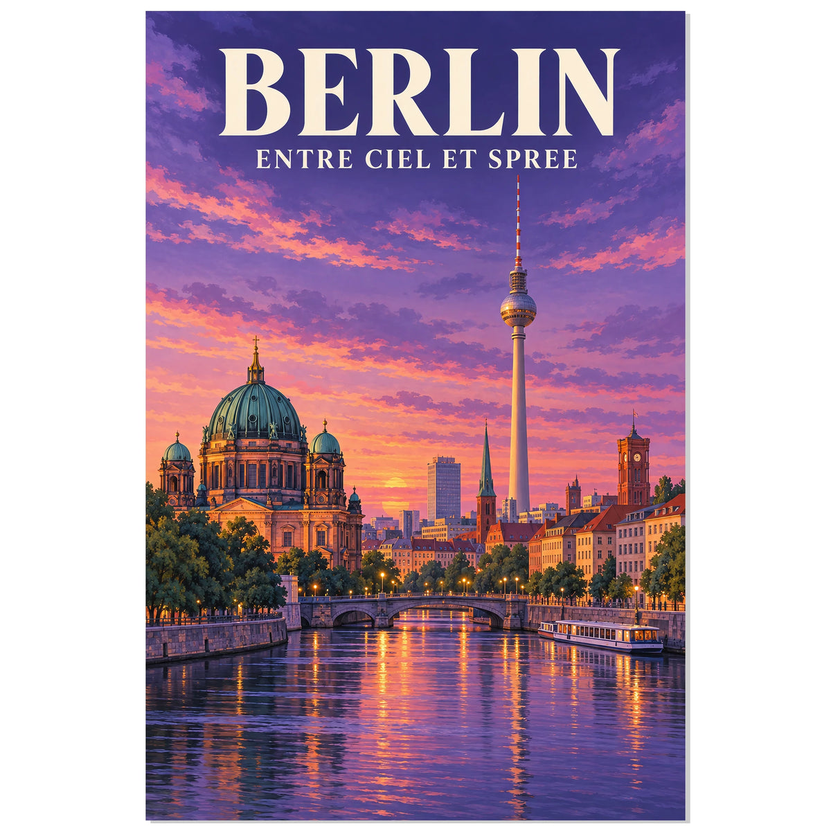 Affiche Berlin – Silhouette sur la Spree, illustration architecturale / affiche de voyage / rendu peint verticale, format 30 × 45 cm