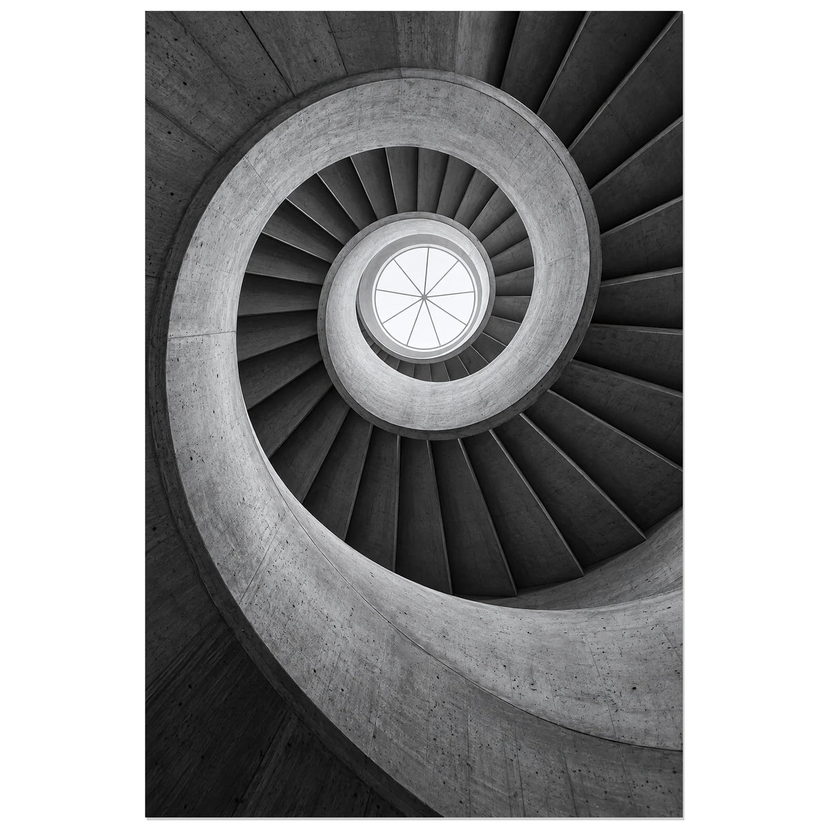 Architecture brutaliste en spirale et verrière ronde, affiche 60 × 90 cm