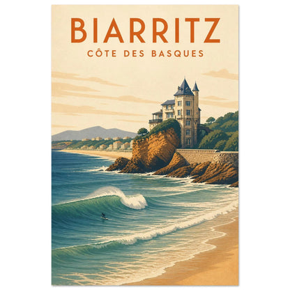 Affiche Biarritz – Côte des Basques, illustration verticale sérigraphie côtière, format 30 × 45 cm