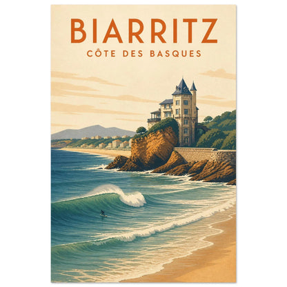 Affiche Biarritz – Côte des Basques, illustration verticale sérigraphie côtière, format 40 × 60 cm