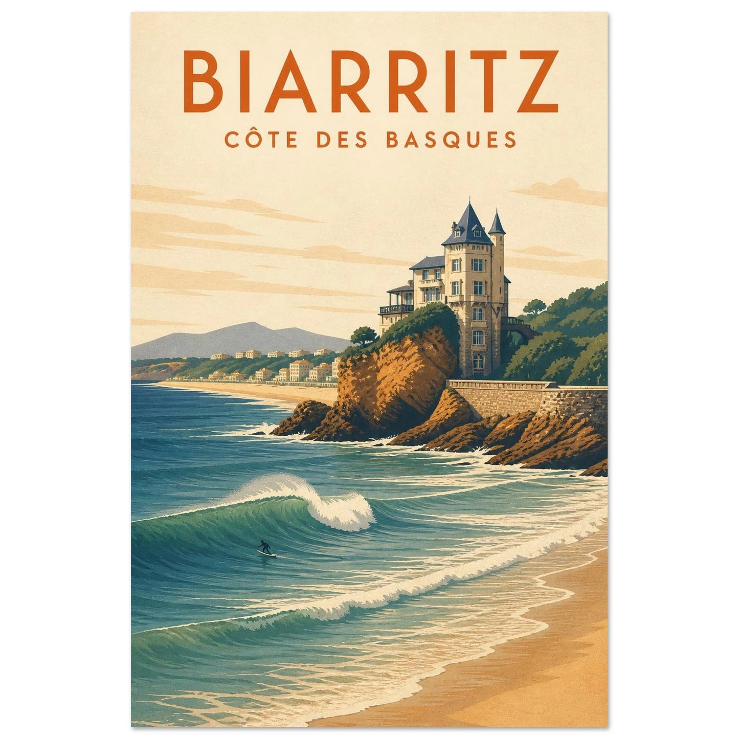 Affiche Biarritz – Côte des Basques, illustration verticale sérigraphie côtière, format 60 × 90 cm