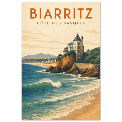 Affiche Biarritz – Côte des Basques, illustration verticale sérigraphie côtière, format 60 × 90 cm
