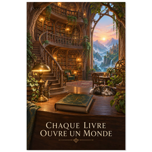 Bibliothèque dans un arbre et phrase CHAQUE LIVRE OUVRE UN MONDE, affiche 30 × 45 cm