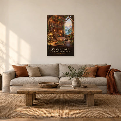 Affiche bibliothèque des mondes imaginaires dans un salon - Art Virtuoso