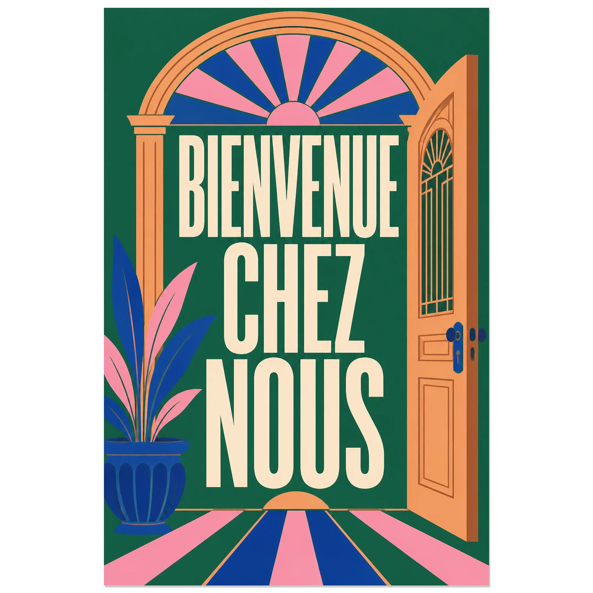 Affiche Bienvenue chez nous – Porte ouverte, illustration d’intérieur art déco verticale, format 60 × 90 cm