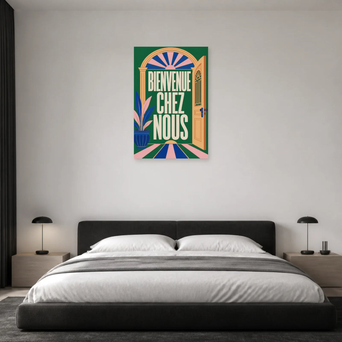 Affiche Bienvenue chez nous – Porte ouverte dans une chambre - Art Virtuoso