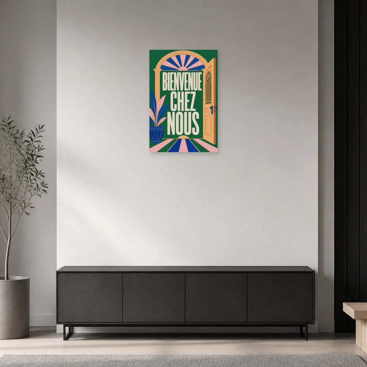 Affiche Bienvenue chez nous – Porte ouverte dans une entrée ou un couloir - Art Virtuoso