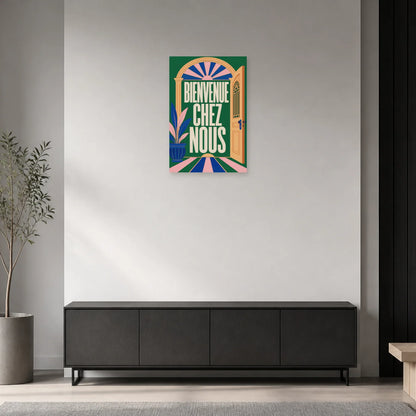 Affiche Bienvenue chez nous – Porte ouverte dans une entrée ou un couloir - Art Virtuoso
