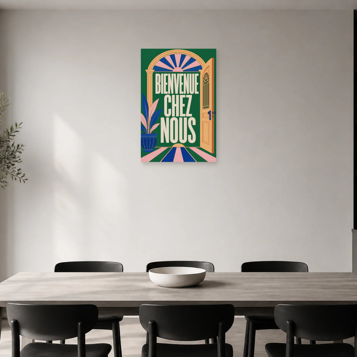 Affiche Bienvenue chez nous – Porte ouverte dans une salle à manger - Art Virtuoso