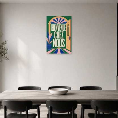 Affiche Bienvenue chez nous – Porte ouverte dans une salle à manger - Art Virtuoso