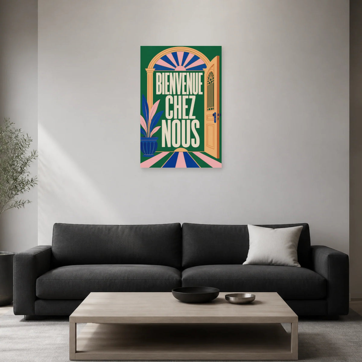 Affiche Bienvenue chez nous – Porte ouverte dans un salon - Art Virtuoso