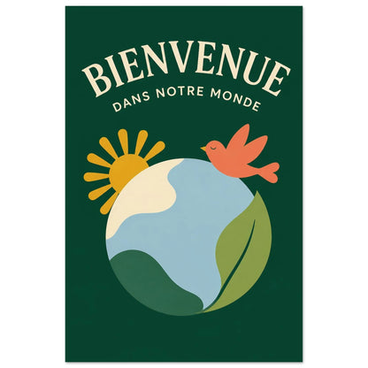 Affiche Bienvenue – Dans Notre Monde, illustration éditoriale verticale, format 30 × 45 cm