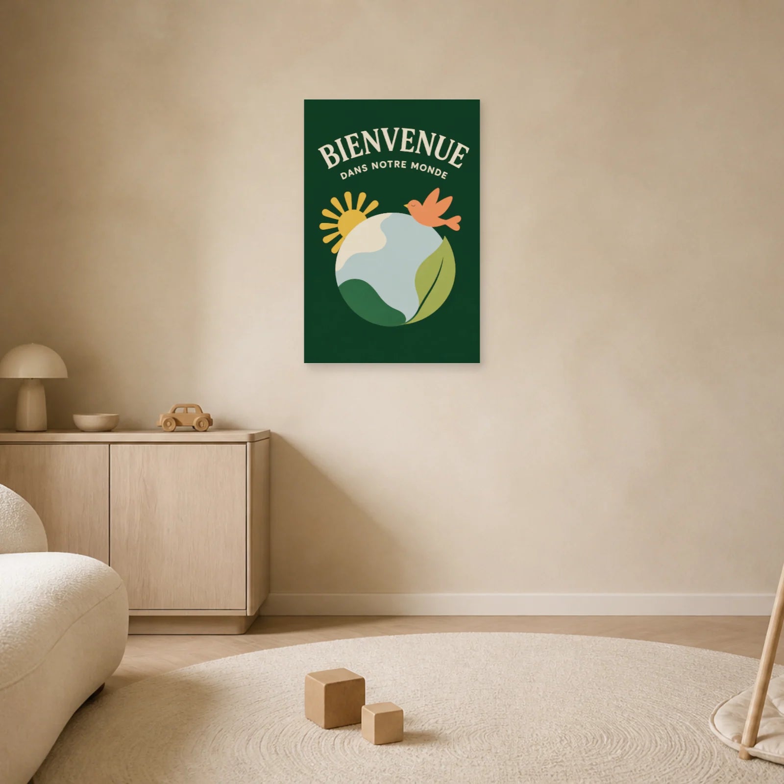 Affiche Bienvenue – Dans Notre Monde dans un salon - Art Virtuoso