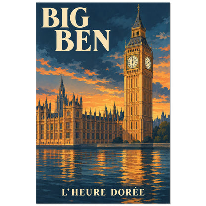 Affiche Big Ben - L’heure dorée, illustration de voyage / rendu gouache / inspiration vintage verticale, format 30 × 45 cm