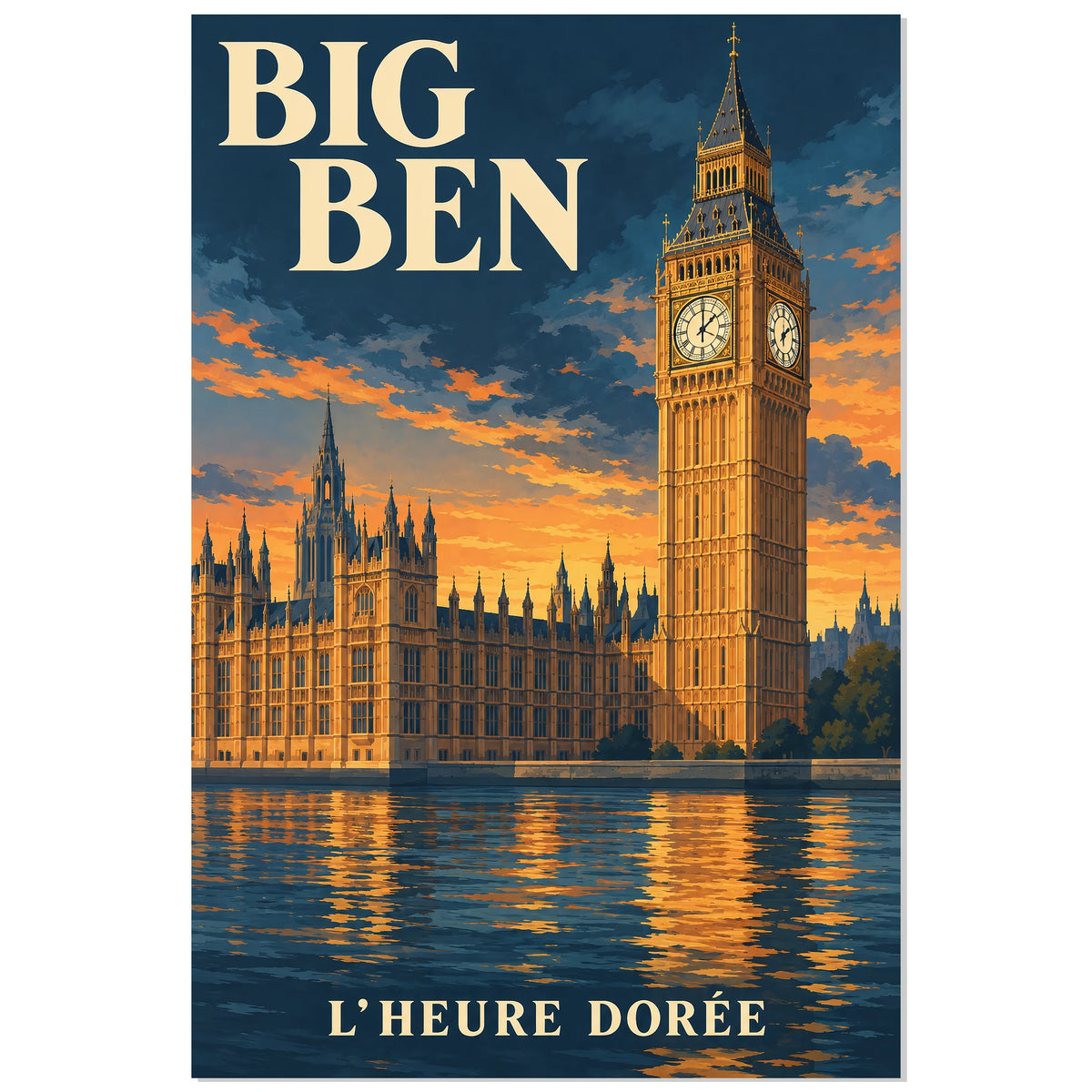 Affiche Big Ben - L’heure dorée, illustration de voyage / rendu gouache / inspiration vintage verticale, format 40 × 60 cm