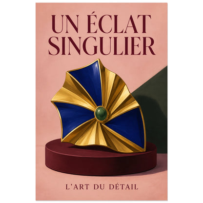 Affiche Bijou sculptural, un éclat singulier, nature morte de joaillerie peinte, illustration éditoriale verticale, format 30 × 45 cm