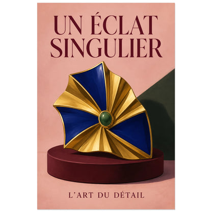 Affiche Bijou sculptural, un éclat singulier, nature morte de joaillerie peinte, illustration éditoriale verticale, format 40 × 60 cm