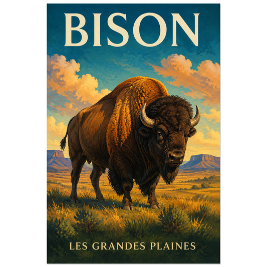 Affiche Bison, les grandes plaines, illustration naturaliste peinte à typographie intégrée verticale, format 30 × 45 cm