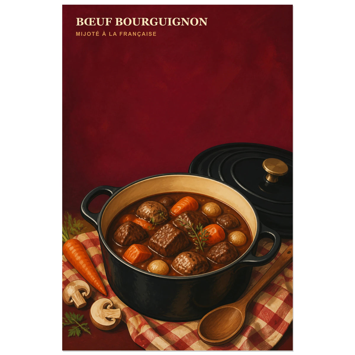 Affiche Bœuf Bourguignon – Mijoté à la Française, gouache gastronomique inspirée des affiches françaises anciennes verticale, format 30 × 45 cm