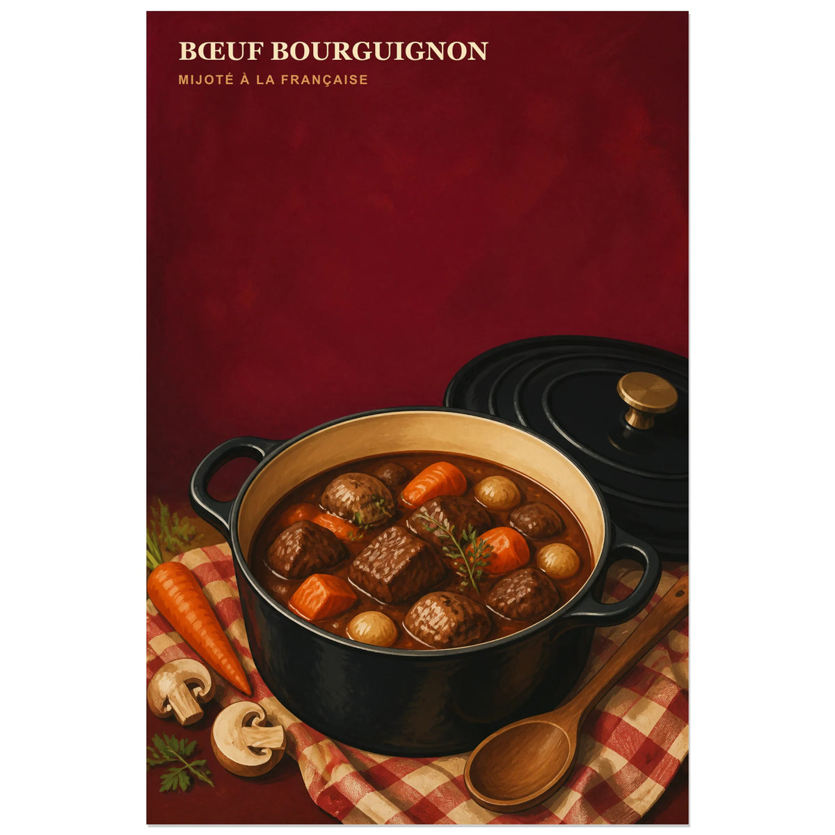 Affiche Bœuf Bourguignon – Mijoté à la Française, gouache gastronomique inspirée des affiches françaises anciennes verticale, format 60 × 90 cm