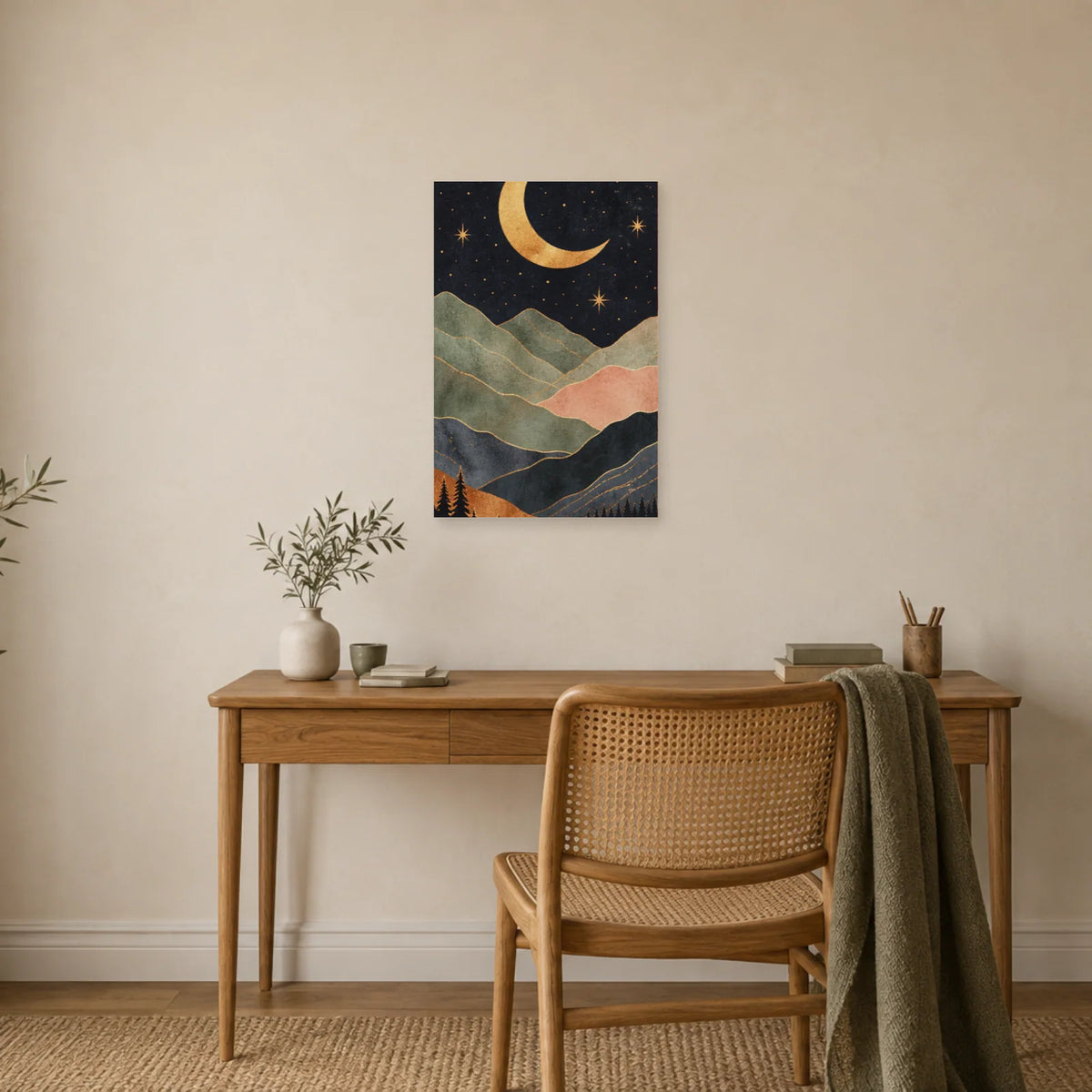 Affiche Lune bohème sur les montagnes dans un bureau - Art Virtuoso