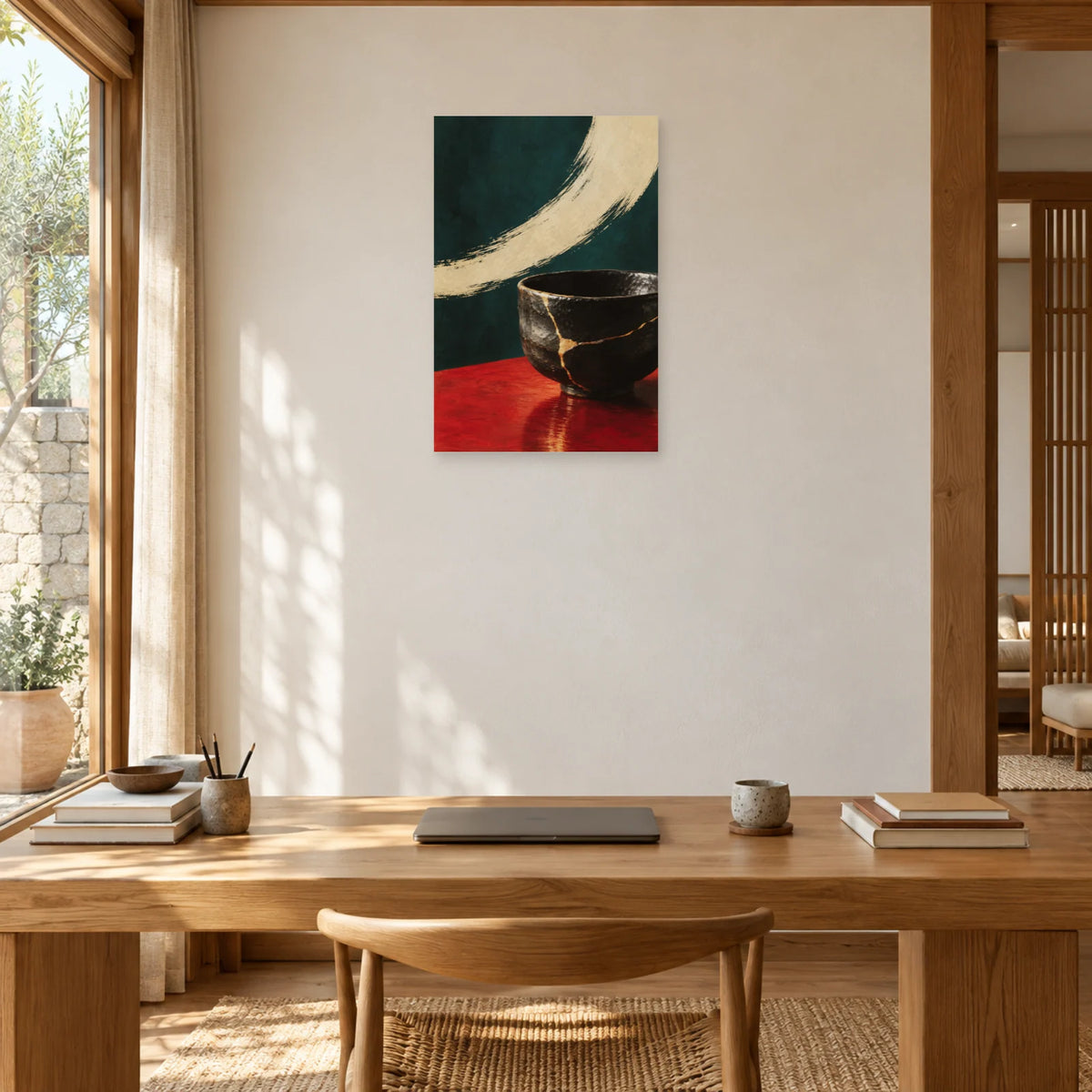 Affiche Kintsugi - Lignes d'or dans un bureau - Art Virtuoso