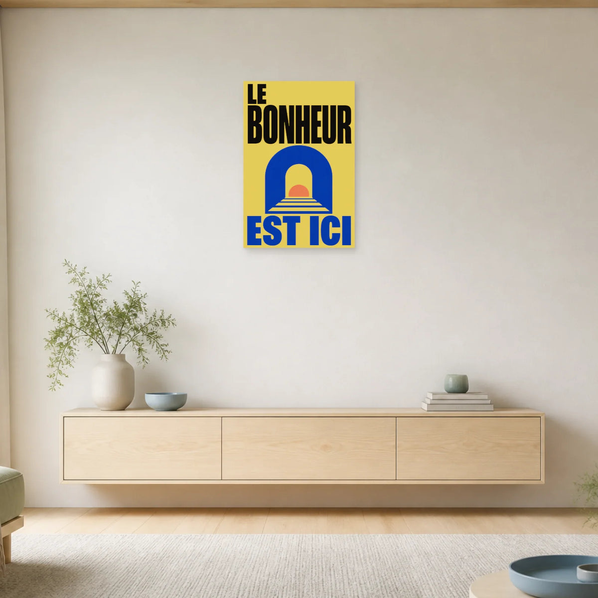 Affiche Le bonheur est ici – Arche solaire dans une entrée ou un couloir - Art Virtuoso