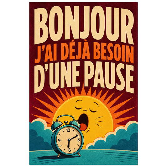 Affiche Bonjour – Déjà besoin d'une pause, affiche rétro-pop humoristique à scène matinale verticale, format 30 × 45 cm