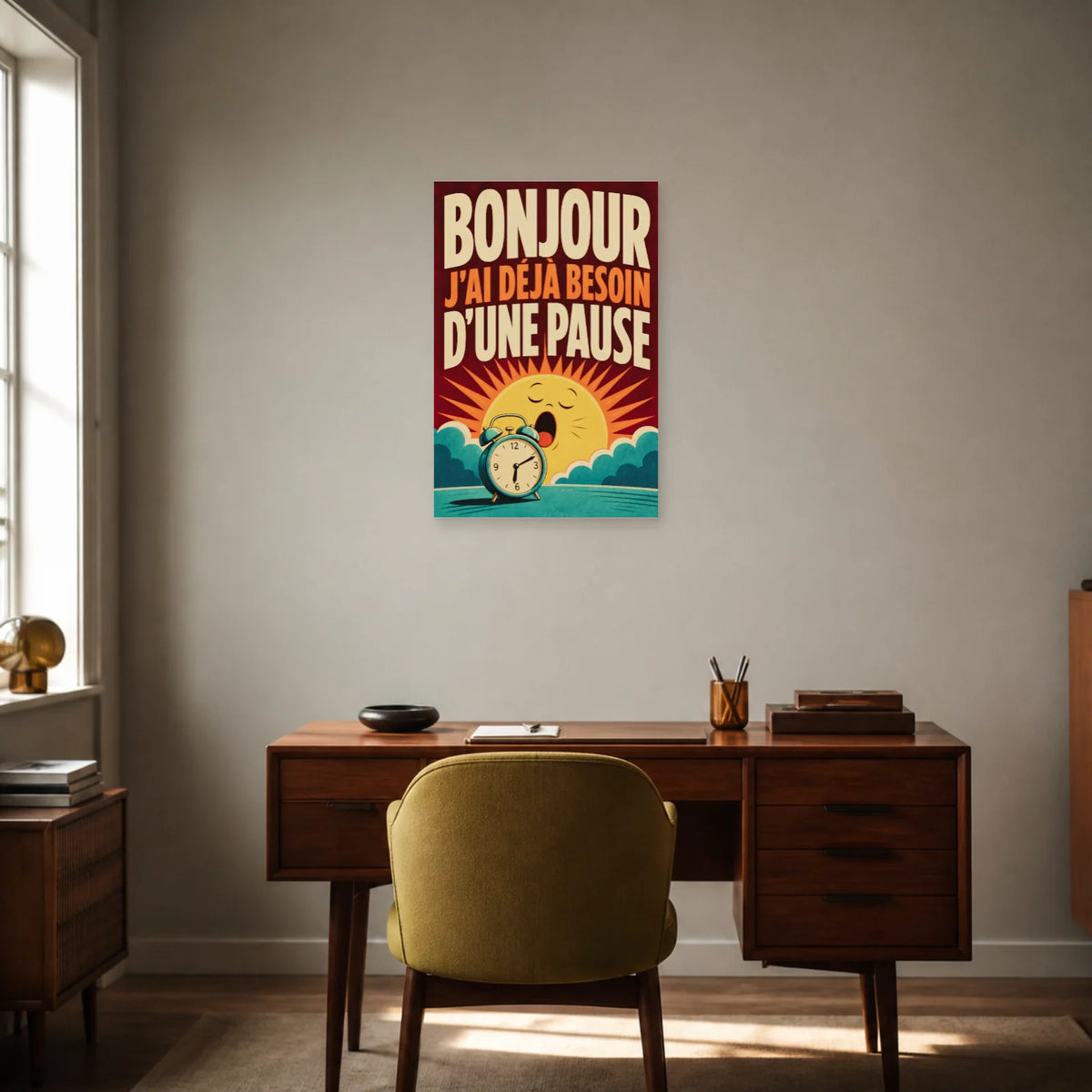 Affiche Bonjour – J’ai déjà besoin d’une pause dans un bureau - Art Virtuoso