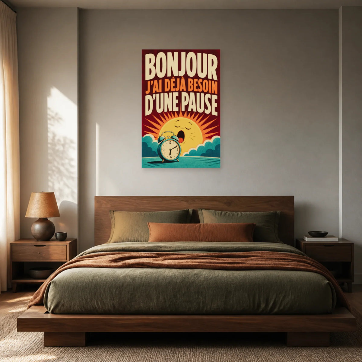 Affiche Bonjour – J’ai déjà besoin d’une pause dans une chambre - Art Virtuoso