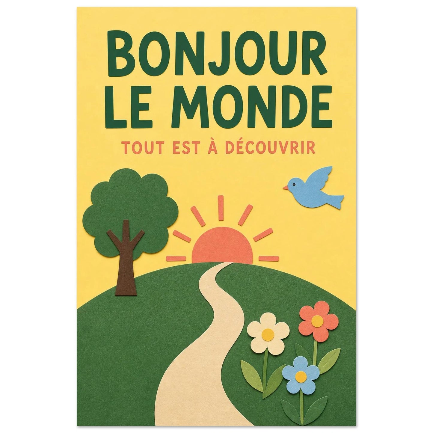 Affiche Bonjour le Monde – Tout Est à Découvrir, collage illustré verticale, format 30 × 45 cm