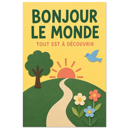 Affiche Bonjour le Monde – Tout Est à Découvrir, collage illustré verticale, format 40 × 60 cm