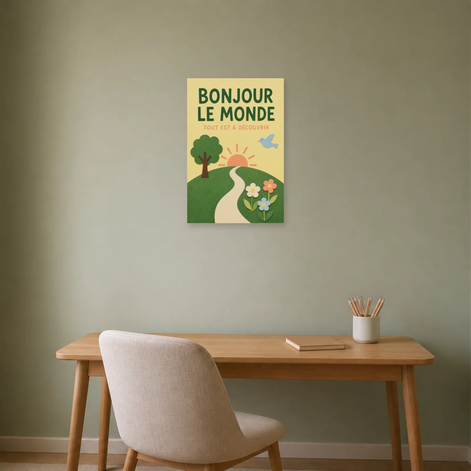 Affiche Bonjour le Monde – Tout Est à Découvrir dans un bureau - Art Virtuoso