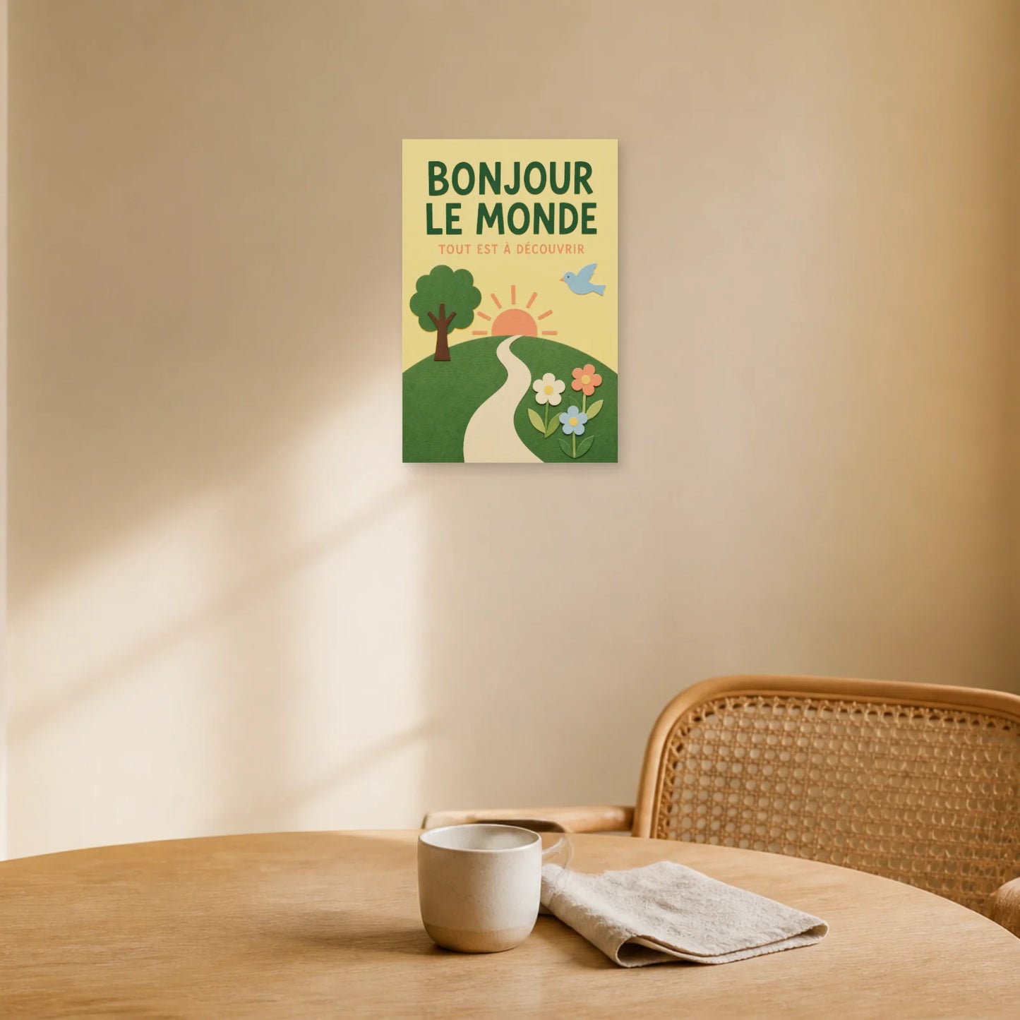 Affiche Bonjour le Monde – Tout Est à Découvrir dans une salle à manger - Art Virtuoso